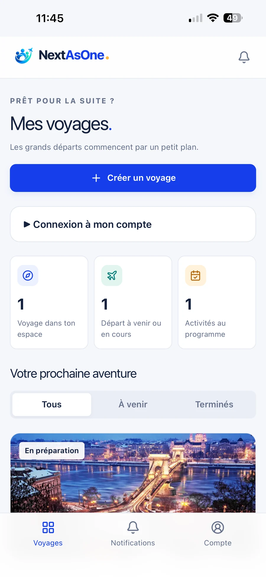 Capture réelle de NextAsOne : écran Mes voyages, création d’un voyage et prochaine aventure à Budapest